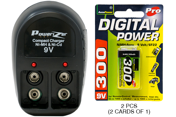 V-228 Two Bay 9 Volt Charger + 2 x 9 Volt AccuPower NiMH Batteries (300 mAh)