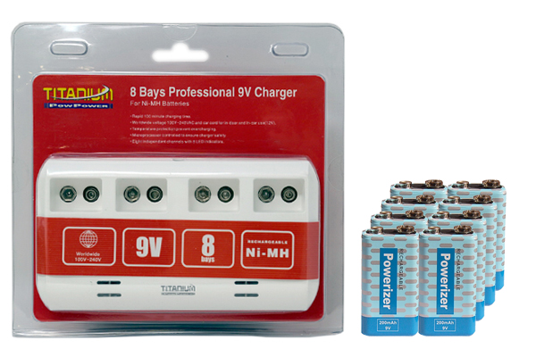 8 Bay 9 Volt Smart Charger + 8 x 9 Volt Powerizer NiMH Batteries (200 mAh)