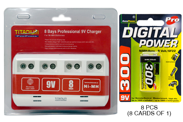 8 Bay 9 Volt Smart Charger + 8 x 9 Volt AccuPower NiMH Batteries (300 mAh)