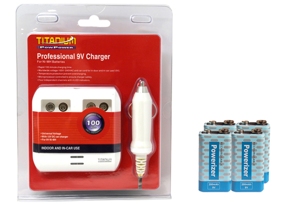 4 Bay 9 Volt Smart Charger + 4 x 9 Volt NiMH Batteries (200 mAh)