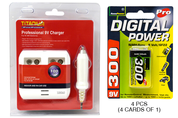 4 Bay 9 Volt Smart Charger + 4 x 9 Volt AccuPower NiMH Batteries (300 mAh)