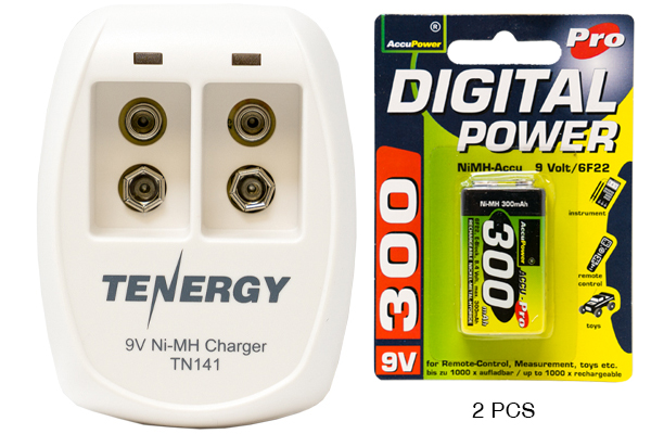 2 Bay 9 Volt Smart Battery Charger + 2 x 9 Volt AccuPower NiMH Batteries (300 mAh)