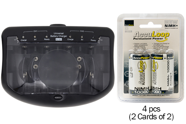 V2299 Universal Smart Charger + 4 D (10000 mAh) NiMH AccuPower AccuLoop Batteries