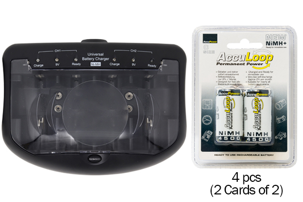 V2299 Universal Smart Charger + 4 C NiMH AccuPower AccuLoop Batteries (4500 mAh)