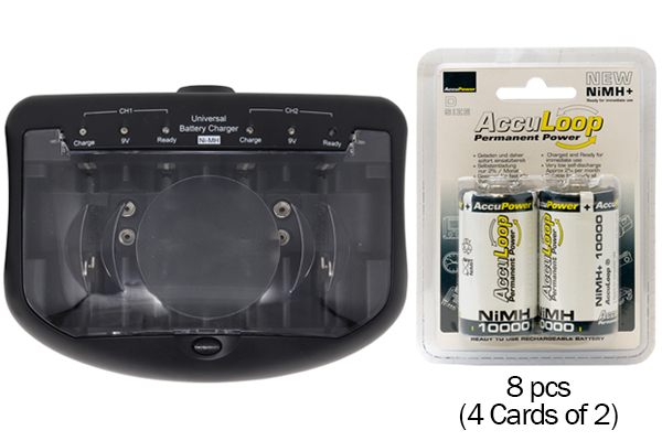 V2299 Universal Smart Charger + 8 D (10000 mAh) NiMH AccuPower AccuLoop Batteries