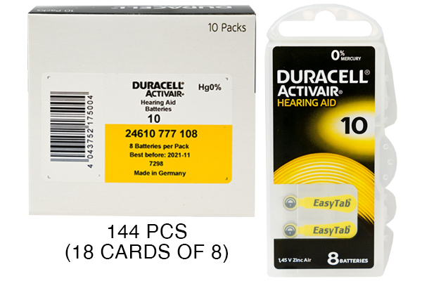 144 x Size 10 Duracell Activair Easy Tab Hearing Aid Batteries (DA10)