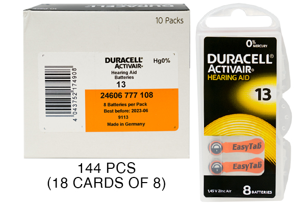 144 x Size 13 Duracell Activair Hearing Aid Batteries (DA13)