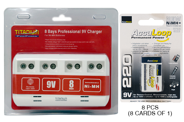 8 Bay 9 Volt Smart Charger + 8 x 9 Volt AccuLoop NiMH Batteries (220 mAh)