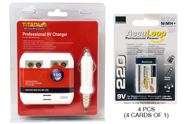 4 Bay 9 Volt Smart Charger + 4 x 9 Volt AccuLoop NiMH Batteries (220 mAh)