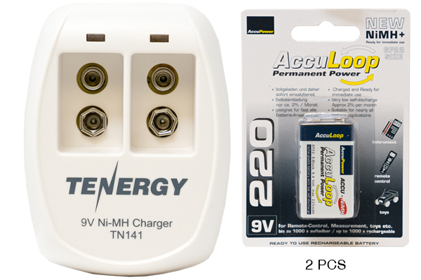 2 Bay 9 Volt Smart Battery Charger + 2 x 9 Volt AccuLoop NiMH Batteries (220 mAh)