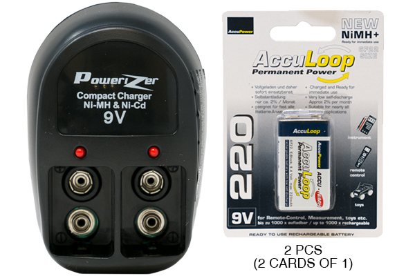 V-228 Two Bay 9 Volt Charger + 2 x 9 Volt AccuLoop NiMH Batteries (220 mAh)