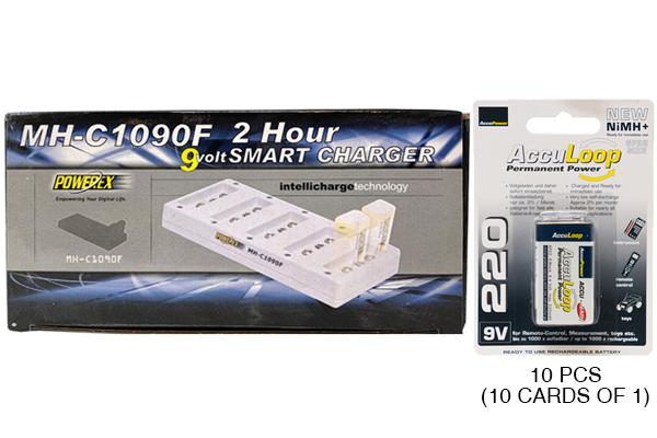 Powerex 10 Bay 9 Volt Charger + 10 x 9 Volt AccuLoop NiMH Batteries (220 mAh)