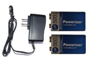 9 Volt Li-Ion / Li-Po Charger + 2 x 9 Volt Powerizer Lithium Ion Batteries (500 mAh)