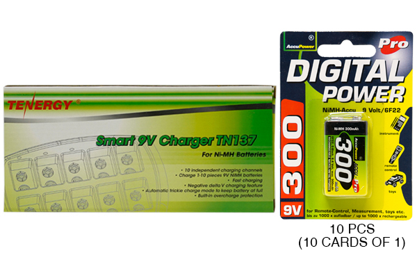 10 Bay 9 Volt Charger + 10 x 9 Volt AccuPower NiMH Batteries (300 mAh)