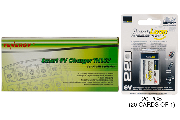 10 Bay 9 Volt Charger + 20 x 9 Volt AccuLoop NiMH Batteries (220 mAh)