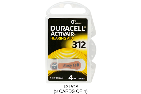 12 x Size 312 Duracell Easy Tab Hearing Aid Batteries (DA312)