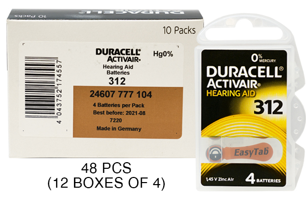 48 x Size 312 Duracell Easy Tab Hearing Aid Batteries (DA312)