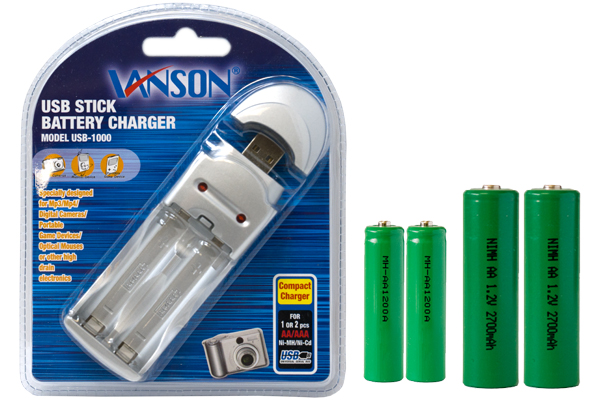 AA / AAA USB Battery Charger + 2 AA (2700 mAh) + 2 AAA (1200 mAh) NiMH Batteries