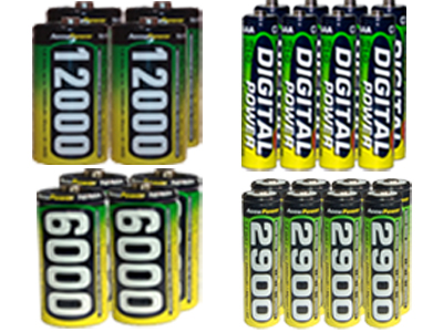 8 AA (2900 mAh) + 8 AAA (1200 mAh) + 4 C (6000 mAh) + 4 D (12000 mAh)  NiMH AccuPower Batteries