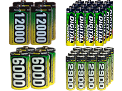 16 AA (2900 mAh) + 16 AAA (1200 mAh) + 4 C (6000 mAh) + 4 D (12000 mAh) NiMH AccuPower Batteries