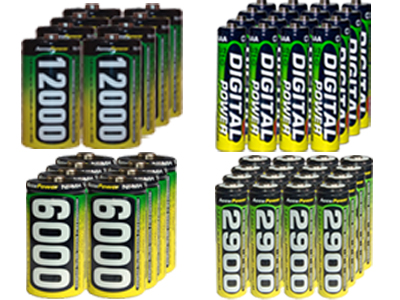 16 AA (2900 mAh) + 16 AAA (1200 mAh) + 8 C (6000 mAh) + 8 D  (12000 mAh) NiMH AccuPower Batteries