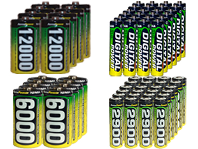 24 AA (2900 mAh)+ 24 AAA (1200 mAh) + 8 C (6000 mAh) + 8 D (12000 mAh) NiMH AccuPower Batteries