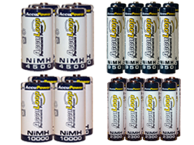 8 AA (2600 mAh) + 8 AAA (1100 mAh) + 4 C (4500 mAh) + 4 D (10000 mAh) NiMH AccuLoop Batteries
