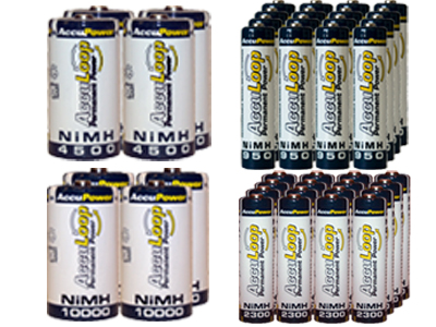16 AA (2600 mAh) + 16 AAA (1100 mAh) + 4 C (4500 mAh) + 4 D (10000 mAh) NiMH AccuLoop Batteries