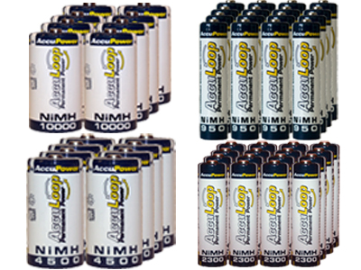16 AA (2600 mAh) + 16 AAA (1100 mAh) + 8 C (4500 mAh) + 8 D (10000 mAh) NiMH AccuLoop Batteries