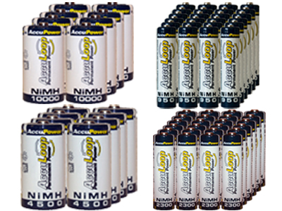 24 AA (2600 mAh) + 24 AAA (1100 mAh) + 8 C (4500 mAh) + 8 D (10000 mAh) NiMH AccuLoop Batteries