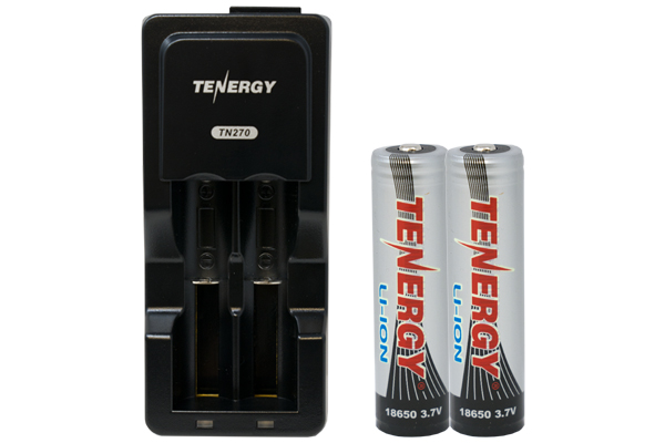 Universal Lithium Ion Battery Charger + 2 x 18650 3.7 Volt Tenergy Lithium Ion Button Top Batteries with PCB Protection (2600 mAh)