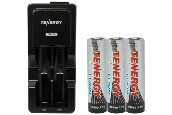 Universal Lithium Ion Battery Charger + 3 x 18650 3.7 Volt Tenergy Lithium Ion Button Top Batteries with PCB Protection (2600 mAh)