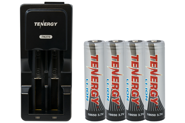 Universal Lithium Ion Battery Charger + 4 x 18650 3.7 Volt Tenergy Lithium Ion Button Top Batteries with PCB Protection (2600 mAh)