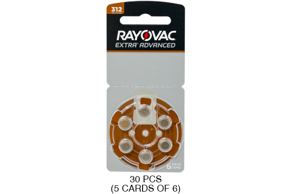 30 x Size 312 Rayovac Extra Advanced Hearing Aid Batteries