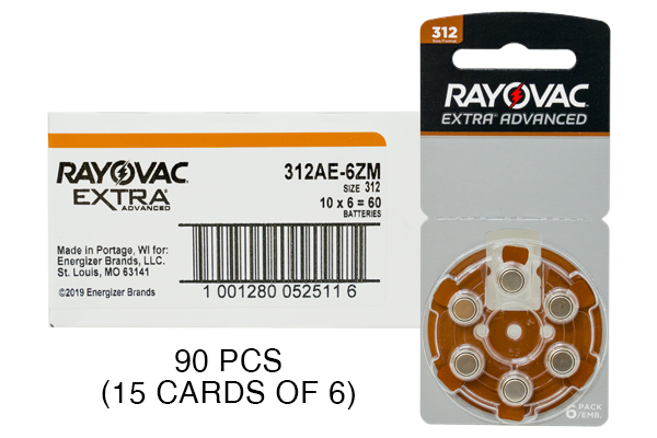 90 x Size 312 Rayovac Extra Advanced Hearing Aid Batteries