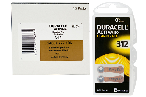 60 x Size 312 Duracell Easy Tab Hearing Aid Batteries (DA312)
