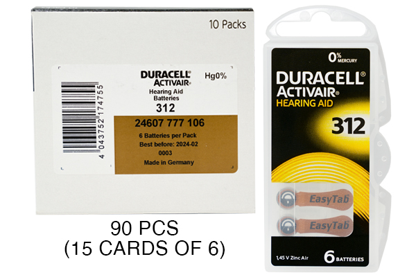 90 x Size 312 Duracell Easy Tab Hearing Aid Batteries (DA312)