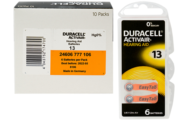 60 x Size 13 Duracell Activair Hearing Aid Batteries (DA13)
