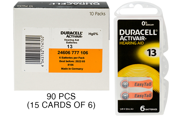 90 x Size 13 Duracell Activair Hearing Aid Batteries (DA13)