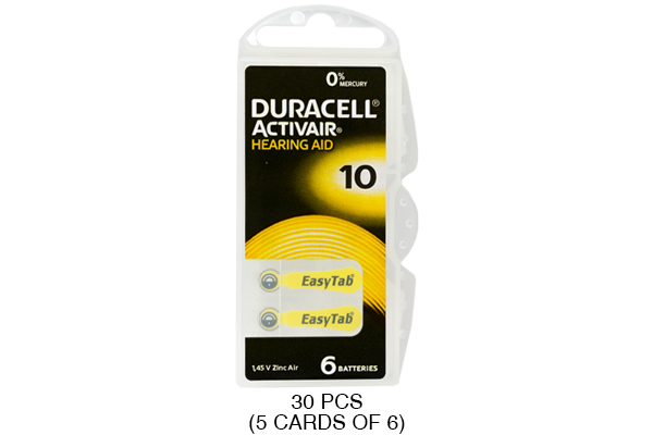 30 x Size 10 Duracell Activair Easy Tab Hearing Aid Batteries (DA10)