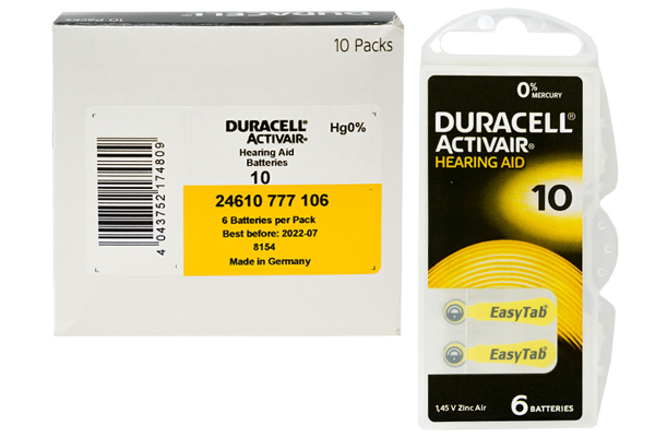 60 x Size 10 Duracell Activair Easy Tab Hearing Aid Batteries (DA10)