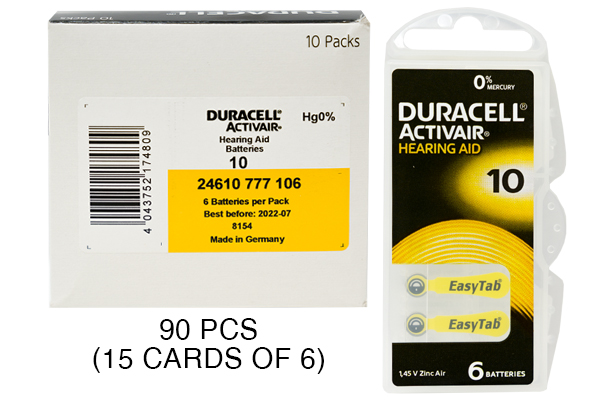 90 x Size 10 Duracell Activair Easy Tab Hearing Aid Batteries (DA10)
