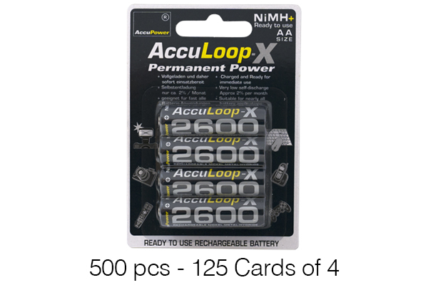 500 x AA NiMH AccuPower AccuLoop-X Rechargeable Batteries (2600 mAh)