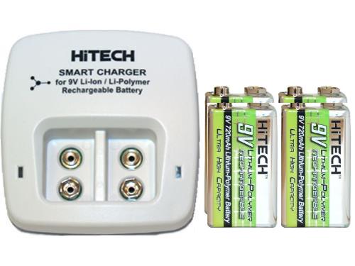 2 Bay 9 Volt Li-ion /  Li-Po Smart Charger + 4 x HiTech 9 Volt Lithium Polymer Batteries (720 mAh)