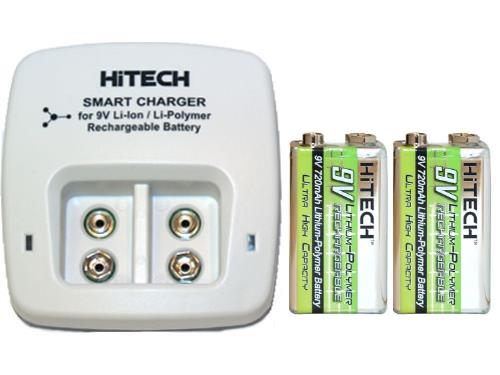 2 Bay 9 Volt Li-ion /  Li-Po Smart Charger + 2 x HiTech 9 Volt Lithium Polymer Batteries (720 mAh)
