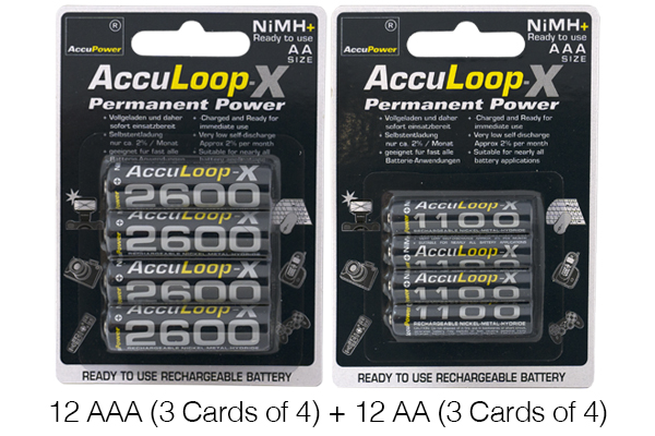 12 x AAA (1100 mAh) + 12 x AA (2600 mAh) AccuPower AccuLoop-X NiMH Battery Combo