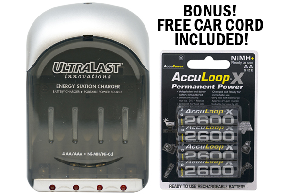 UltraLast AA / AAA Smart Battery Charger  + 4 AA AccuPower AccuLoop-X NiMH Batteries (2600 mAh)