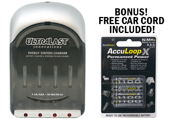 UltraLast AA / AAA Smart Battery Charger + 4 AAA AccuPower AccuLoop-X NiMH Batteries (1100 mAh)