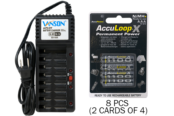 V-868 8 Bay AA & AAA Charger + 8 AAA (1100 mAh) AccuPower AccuLoop-X NiMH Batteries