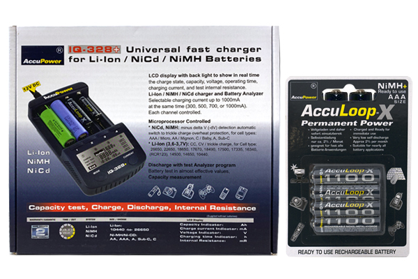 IQ-328 AA / AAA LCD Charger + 4 AAA (1100 mAh) AccuPower AccuLoop-X NiMH Batteries